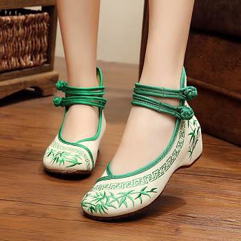 Beijing Cloth Shoes Green Embroidered Bamboo Leaves