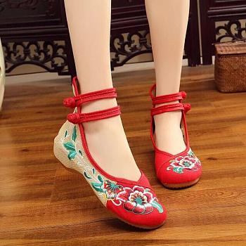 Red Lace-up Flower Embroidered Canvas Shoes