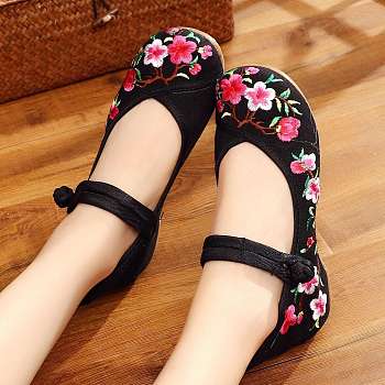 Beijing Cloth Low Sole Shoes With Cherry Blossom Embroidery