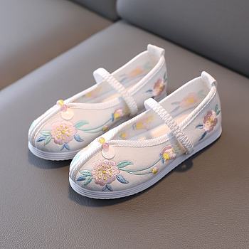 Beijing Cloth Low Sole Shoes White Rose Embroidered